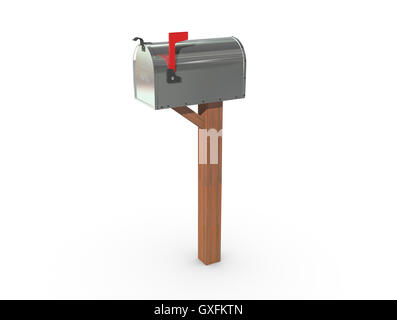 Un rendering 3D di un cromo e vuoto US Mailbox, chiusa con carcassa pulita e bandiera rossa. Foto Stock