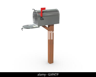 Un rendering 3D di un cromo e vuoto US Mailbox, aprire con carcassa pulita e bandiera rossa. Foto Stock