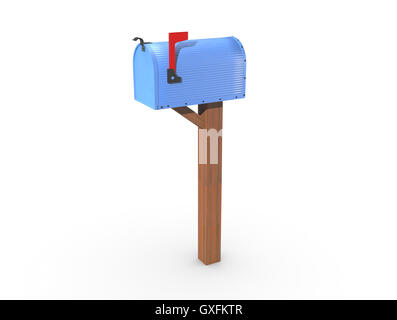 Un rendering 3D di un blu e vuoto US Mailbox, chiuso con involucro di cartone ondulato e bandiera rossa. Foto Stock