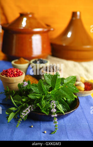 Fresco verde menta e vecchi giochi delle bocce di creta con diverse spezie in un colorato stile orientale Foto Stock