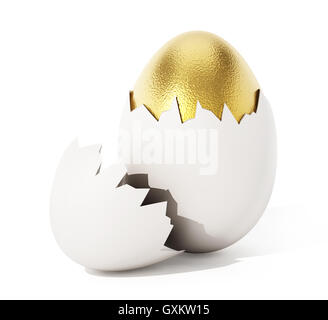 Golden Egg all'interno bianco Uova con guscio rotto. 3D'illustrazione. Foto Stock