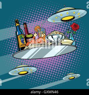 Volare un vassoio per la cena e UFO Illustrazione Vettoriale