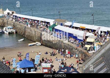 Newquay, Cornwall, Regno Unito. Il 17 settembre 2016. Una folla di persone frequentano il Newquay Sagra del Pesce nel 300 anno vecchio porto. Bancarelle offrono vari frutti di mare e di artigianato locale. Credito: Nicholas Burningham/Alamy Live News Foto Stock