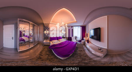 3d illustrazione sferica a 360 gradi, seamless panorama camera da letto di interior design. La camera da letto è realizzato in bianco e viola ton Foto Stock