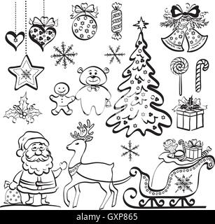 Elementi di natale, silhouette nera Illustrazione Vettoriale