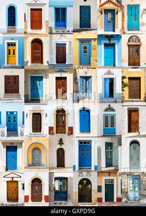 Photo Collage di 36 colorato porte anteriori per case da Karpathos, Grecia. Foto Stock