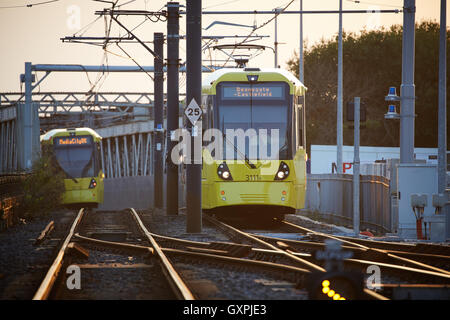 Manchester Metrolink tram Castlefield Tram Metrolink light rail pendolari rapida unità di trasporto moderne trasporta la luce Foto Stock