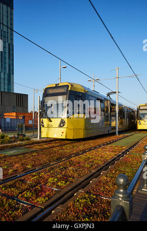 Manchester Metrolink tram Castlefield Tram Metrolink light rail pendolari rapida unità di trasporto moderne trasporta la luce Foto Stock