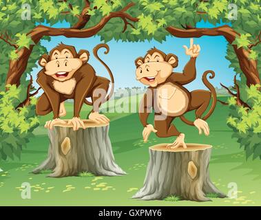 Due scimmie nella giungla illustrazione Illustrazione Vettoriale