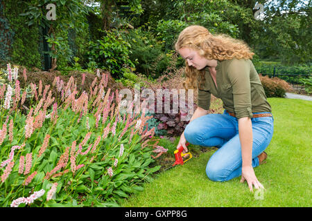 Giovane donna caucasica lavora in giardino con Cesoie tagliaerba Foto Stock