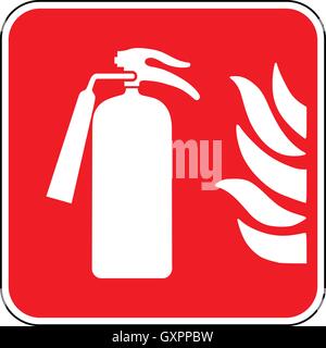 Emergency Segnale estintore, bianco le attrezzature antincendio icona su un quadrato rosso sfondo, illustrazione vettoriale. Illustrazione Vettoriale