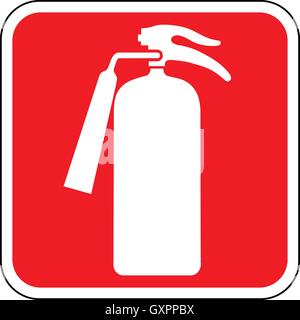 Emergency Segnale estintore, bianco le attrezzature antincendio icona su un quadrato rosso sfondo, illustrazione vettoriale. Illustrazione Vettoriale