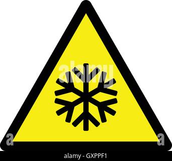 Bassa temperatura segno di avvertimento, fiocco di neve su sfondo giallo segno, illustrazione vettoriale. Illustrazione Vettoriale