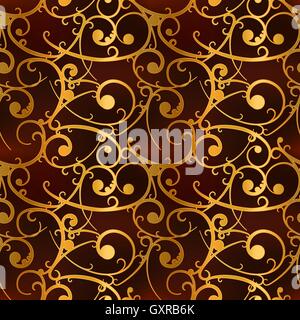 Golden volute barocche sul rosso, lusso modello senza giunture Illustrazione Vettoriale