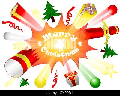 Cracker di burst, bonbon, confezioni regalo, sfere, stelle, alberi di Natale, e il nastro battenti con testo buon Natale e Babbo Natale Illustrazione Vettoriale