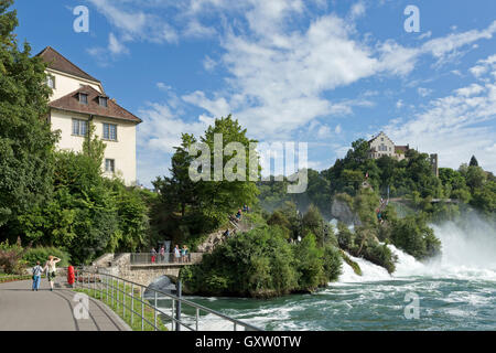 Il fiume Reno cade e Laufen Castello vicino a Sciaffusa, Neuhausen am Rheinfall, Svizzera Foto Stock