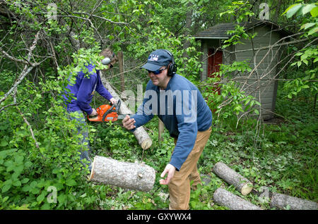 Ragazzo età 17 albero di taglio con sega a nastro sotto la tutela del padre sia indossare cuffie di protezione individuale. Clitherall Minnesota MN USA Foto Stock