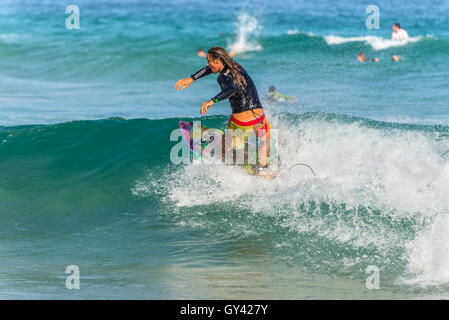 Australian surfer sulla cresta di un'onda, la spiaggia di Bondi nella periferia est di Sydney Foto Stock