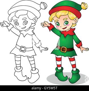 Elf natale carino e sorridente illustrazione vettoriale, contorno Illustrazione Vettoriale