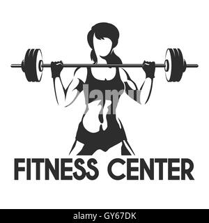 Centro Fitness o Palestra emblema. Sportivo da donna con silhouette barbell. Potenza esercizi di sollevamento concetto. Illustrazione Vettoriale. Illustrazione Vettoriale