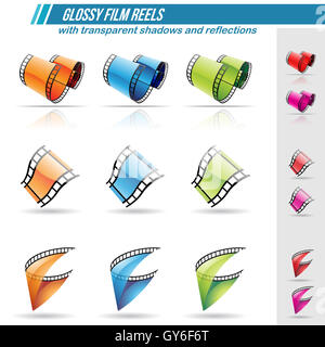 Illustrazione Vettoriale di pellicola lucida bobine con trasparente di ombre e riflessi, isolato su sfondo bianco Foto Stock