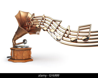 Grammofono Vintage con oro note musicali isolato su bianco. 3d illustrazione Foto Stock
