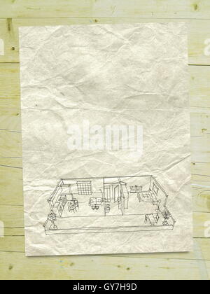 Digitale 2D a mano libera disegno di arredato home appartamento sulla vecchia carta giallo su sfondo di legno Foto Stock