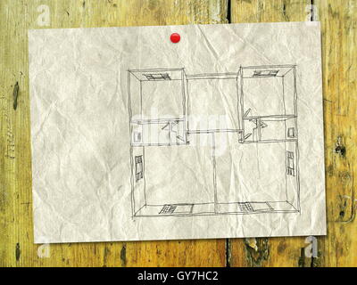 Digitale 2D a mano libera disegno di vuoto home appartamento sulla vecchia carta oltre a spiovente sfondo di legno Foto Stock