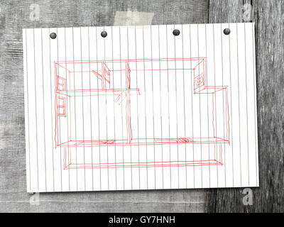 Digitale 2d penna rossa freehand disegno di vuoto home appartamento sul bianco della carta a strisce grigie su sfondo di legno Foto Stock