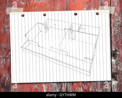 Digitale 2D a mano libera disegno di vuoto home appartamento a strisce sul foglio di carta su rosso alterate di tavole di legno sfondo Foto Stock