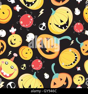 Modello senza cuciture con divertenti zucche di Halloween. Zucca di vettore di autunno sfondo vintage Illustrazione Vettoriale