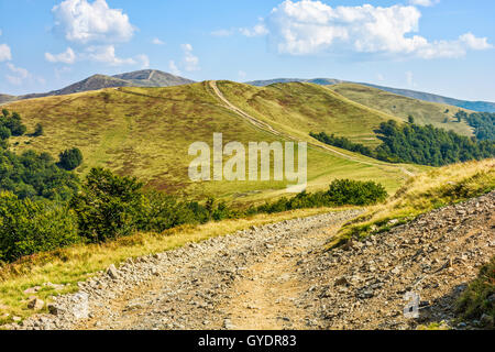 Strada tortuosa attraverso grandi prati sulla collina della gamma della montagna Foto Stock