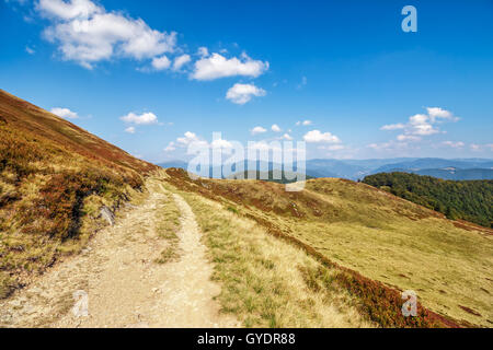 Strada tortuosa attraverso grandi prati sulla collina della gamma della montagna Foto Stock