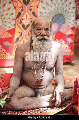 La raccolta dei santi uomini presso il Khumb Mela festival di Ujjain, India 2016. Il Khumb Mela è un pellegrinaggio indù luogo quattro volte ogni dodici anni nella santa città di Allahabad, Aridwar, Ujjain e Nashik. Questo evento riunisce milioni di persone, sadhus e induisti dove l'evento principale è il bagno nel fiume santo purificazione di tutti i peccati. - 27/04/2016 - India / Madhya Pradesh / Ujjain - Ritratti di sadhus al Khumb Mela. Sadhus sono ascetica e discepoli degli dèi Vishnu o Shiva. Questi santi uomini proprio nulla o molto poche cose, hanno tagliato tutti i legami familiari e di indossare un abito arancione per Foto Stock