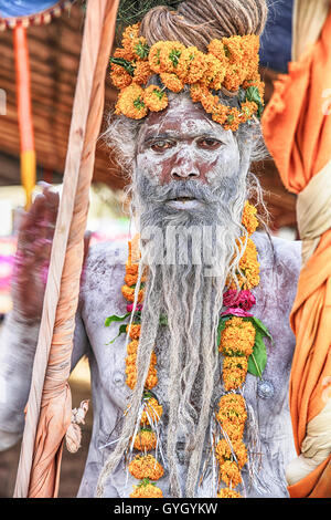 La raccolta dei santi uomini presso il Khumb Mela festival di Ujjain, India 2016. Il Khumb Mela è un pellegrinaggio indù luogo quattro volte ogni dodici anni nella santa città di Allahabad, Aridwar, Ujjain e Nashik. Questo evento riunisce milioni di persone, sadhus e induisti dove l'evento principale è il bagno nel fiume santo purificazione di tutti i peccati. - 28/04/2016 - India / Madhya Pradesh / Ujjain - Ritratti di sadhus al Khumb Mela. Sadhus sono ascetica e discepoli degli dèi Vishnu o Shiva. Questi santi uomini proprio nulla o molto poche cose, hanno tagliato tutti i legami familiari e di indossare un abito arancione per Foto Stock