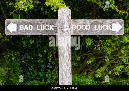 Indicazioni del cartello in legno con due frecce opposte su foglie verde dello sfondo. Sfortuna versus buona fortuna segnaletica direzionale Foto Stock