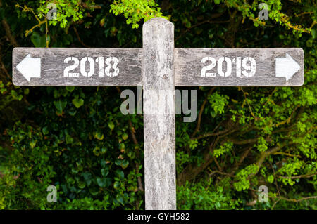 Indicazioni del cartello in legno con due frecce opposte su foglie verde dello sfondo. Anno 2018 contro 2019 segnaletica direzionale Foto Stock