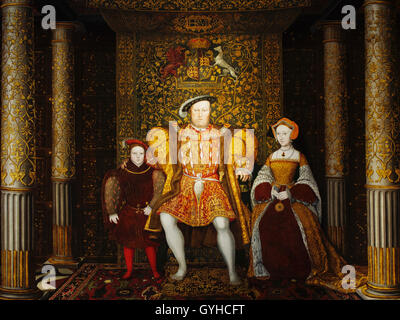 Ritratto di Henry VIII con Jane Seymour e Prince Edward nella Grande Sala del palazzo di Hampton Court, Londra, Inghilterra Foto Stock