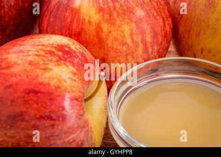 Non filtrato raw apple di aceto di sidro con la madre - una piccola ciotola galli circondato da fresche Mele rosse Foto Stock