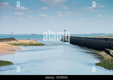 Faro sulla spiaggia, Fort Boyard a La Boyardville sulla Ile d'Oleron, Francia Foto Stock