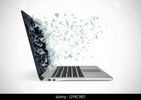 Metallo moderni laptop con schermo rotto isolati su sfondo bianco. 3d illustrazione Foto Stock