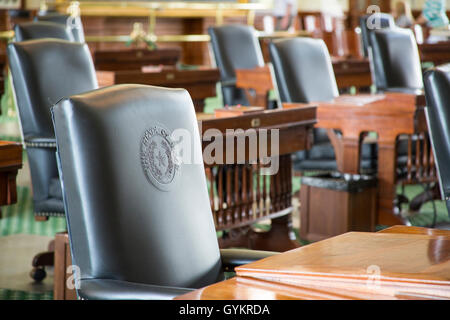 La guarnizione di tenuta dello stato del Texas su sedie in capitale dello stato di edificio, Austin, Texas Foto Stock