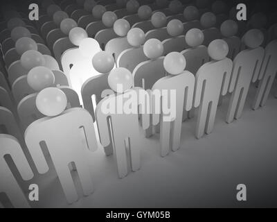 La creatività metafora del concetto. Bianco uomo lghting nella folla di persone schematica, 3d illustrazione Foto Stock
