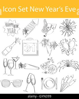 Disegnate Doodle rivestite Icon Set di Capodanno con 16 icone per un utilizzo creativo in graphic design Illustrazione Vettoriale