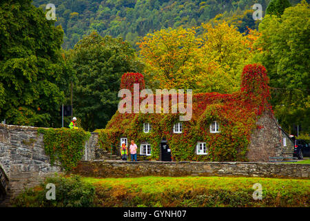 Llanrwst, Conwy, Wales, Regno Unito Il sunrise bagna Tu Hwnt I'r Bont sala da tè nel giorno dell'equinozio d'autunno. l'ora o la data (due volte l'anno) in cui il sole attraversa l' equatore celeste, quando giorno e notte sono di uguale lunghezza. Foto Stock