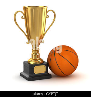 Golden Cup e la pallacanestro , questo è un computer 3d immagine generata. Isolato su bianco. Foto Stock