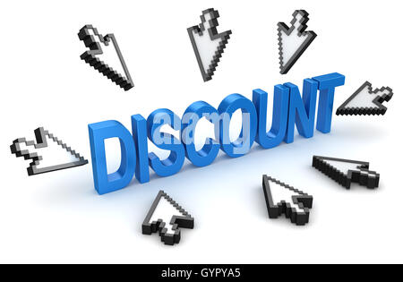 Fare clic su alla nozione di sconto , questo è un computer 3d immagine generata. Isolato su bianco. Foto Stock