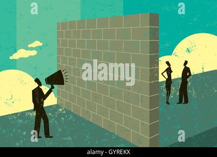 Gridava a un muro di mattoni un uomo grida di un muro di mattoni che rappresenta una barriera per la sua capacità di raggiungere i clienti potenziali. Illustrazione Vettoriale