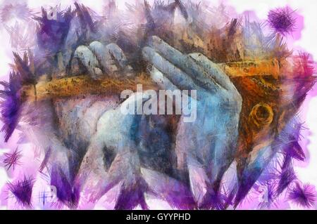 Le mani del Signore krishna riproduzione di flauto, dettaglio con lotus pattern. Foto Stock