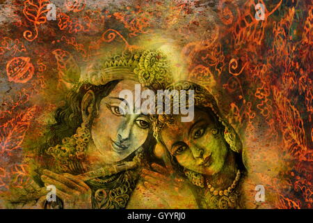 Radha e krishna coppia indù su abstract sfondo decorativo. Foto Stock